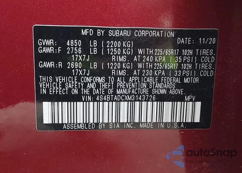 2021 Subaru Outback Premium z USA, uszkodzony, nr VIN 4S4BTADCXM3143726